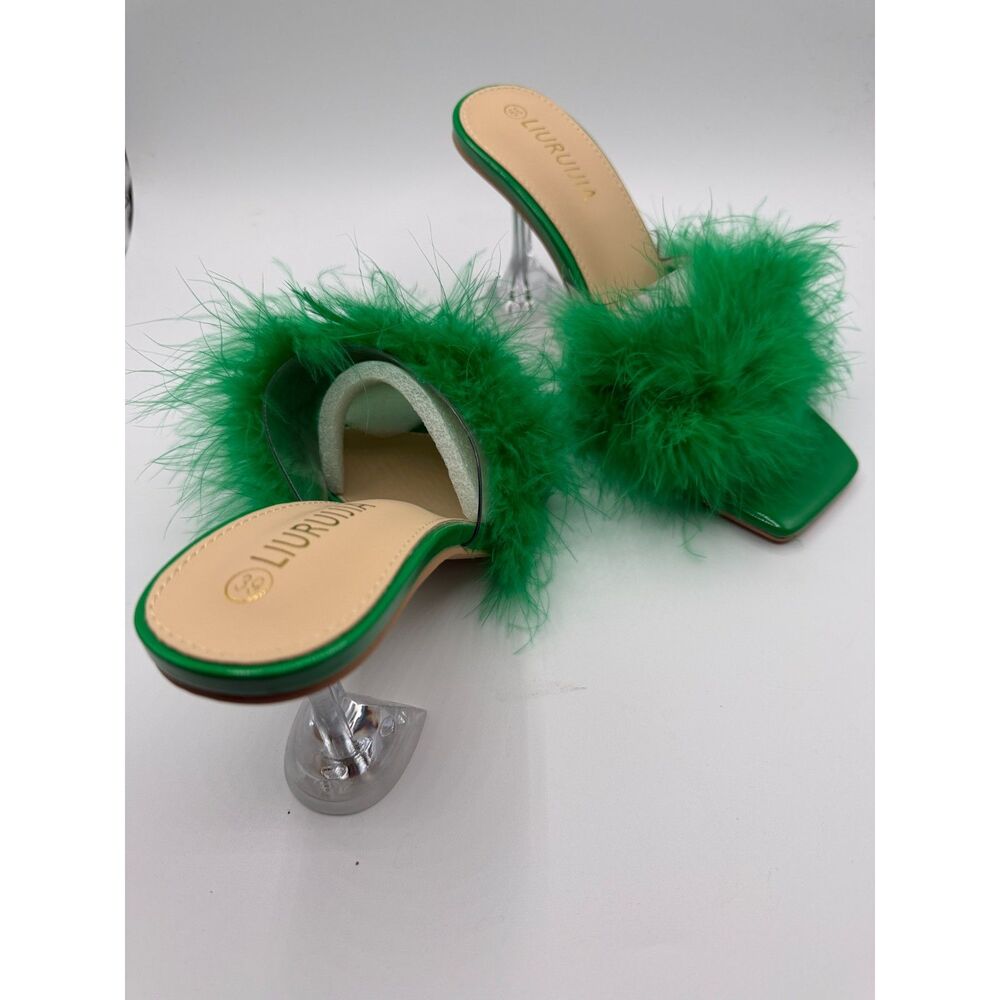 Feather High Heel Mules Slip On Sexy chunky Heeled Square Toe coseplay halloween